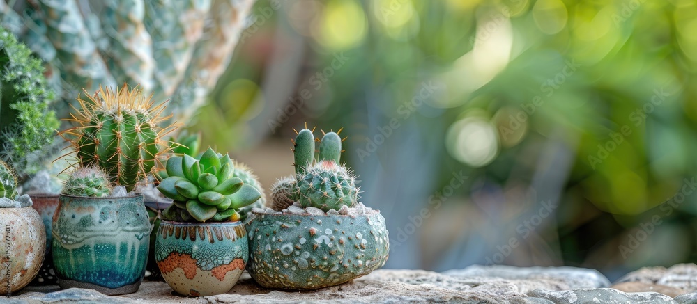 Poster small green cactus plants pots in garden nature background . with copy space image. place for adding