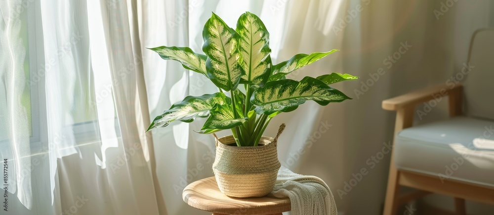 Aufkleber dieffenbachia plant in a pot on a stool by the window. retro interior in light colors. background wi