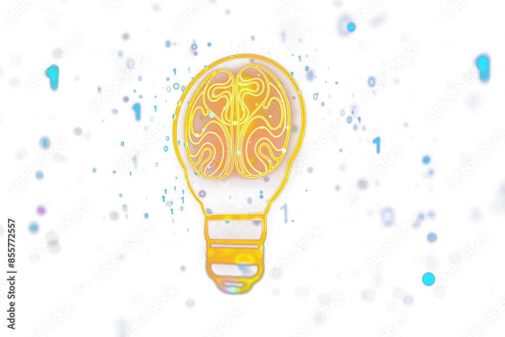 Aufkleber A stylized light bulb with a brain pattern on a white background with floating numbers, representing a concept of idea