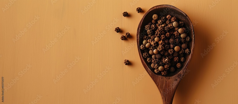 Poster clove on spoon pastel background food isolated herb. with copy space image. place for adding text or