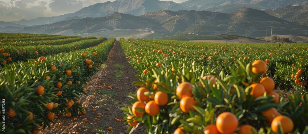 Fototapete orange field in full production in almenar, valencian community. with copy space image. place for ad