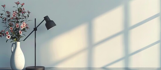 Vase with flowers on shelf and black standing lamp near light wall. with copy space image. Place for adding text or design