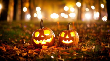 Halloween Pumpkins with Carved Faces in a Night Park with Blurred Lights and Bokeh