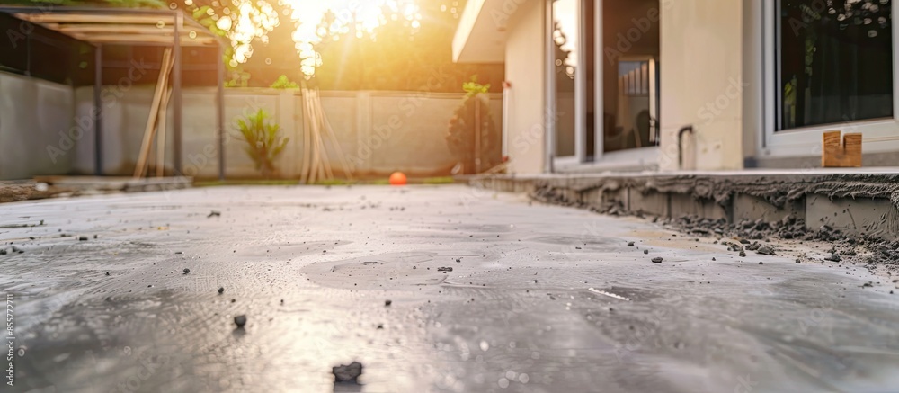 Poster new home house construction concrete cement foundation patio builders smooth. with copy space image.