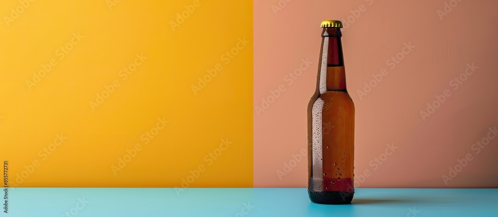Poster beer bottle isolated on pastel background food isolated. with copy space image. place for adding tex