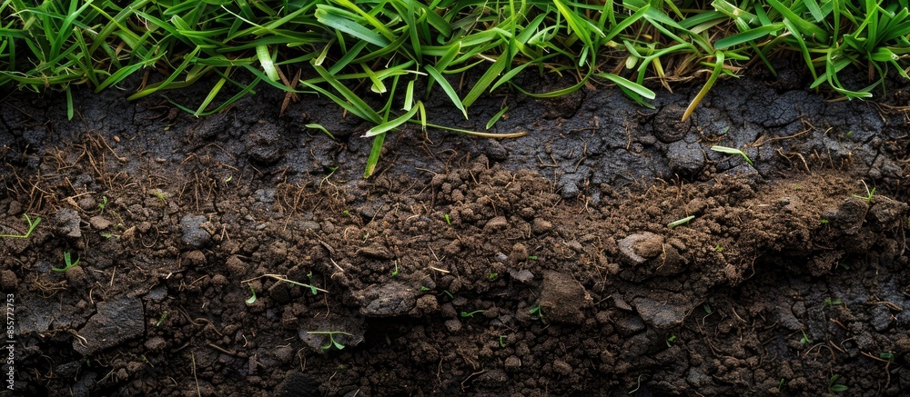 Leinwandbilder close up of soil with green grass on the top layer. part of exposed soil under bed of grass of lawn.
