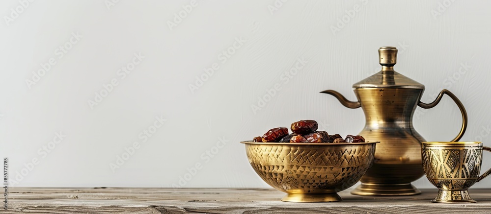 Aufkleber Dates in a golden bowl with a coffee pot and cups on a wooden floor and a white background , luxury shoot. Copy space image. Place for adding text or design
