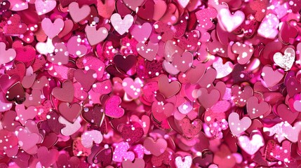 Glittering pink heart-shaped confetti creating a vibrant and festive background, perfect for Valentine's Day or romantic celebrations.