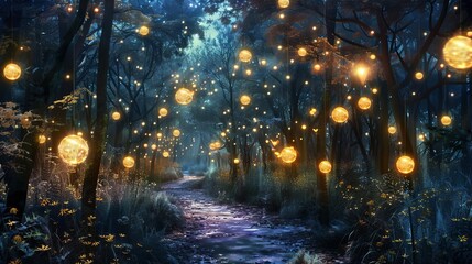3 Enchanted forest path with floating lights wizard walking worm's-eye view dusk