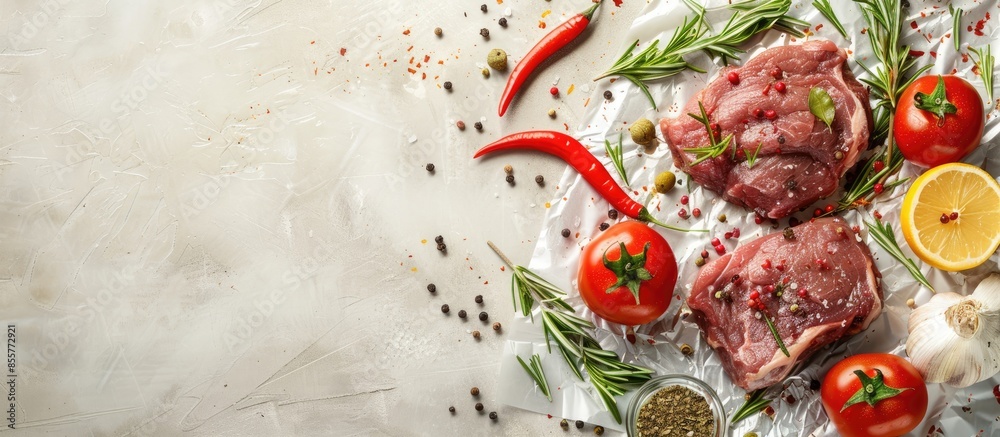 Fototapete raw meat with spices and rosemary for baking on foil pastel background. with copy space image. place