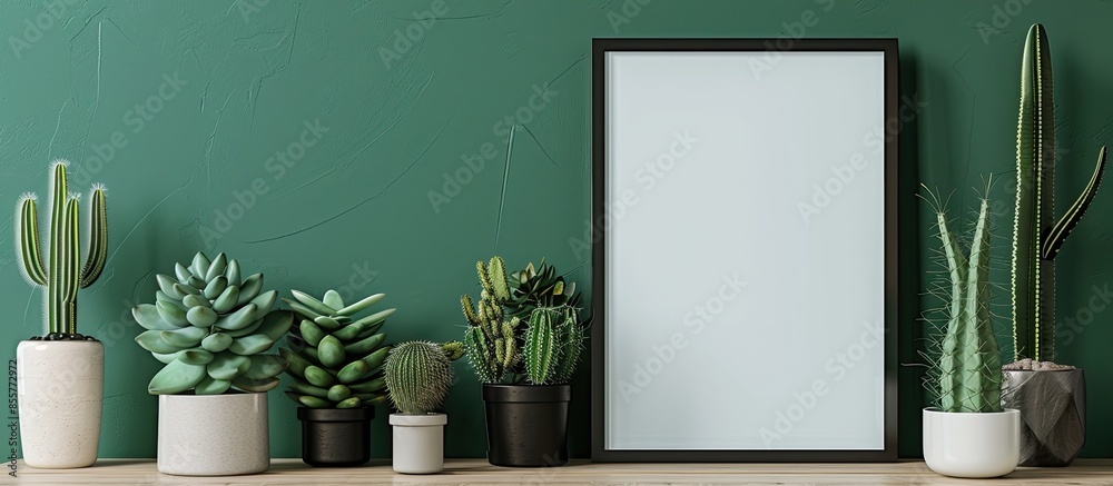 Poster blank frame poster with succulents plant on table.home decoration for cactus lover. with copy space 