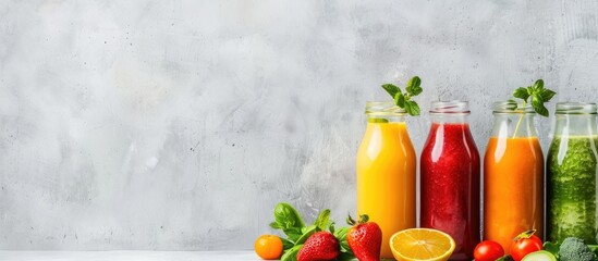 Healthy vegetable smoothie and juice on light backround. Fresh pastel background. with copy space image. Place for adding text or design