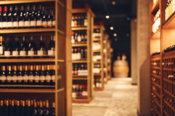 Blurred shot of big cellar in wine shop with wooden shelves for alcohol drinks. Long corridor of...