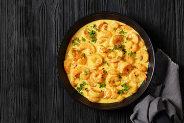 Sauteed Shrimp in creamy saffron sauce, top view