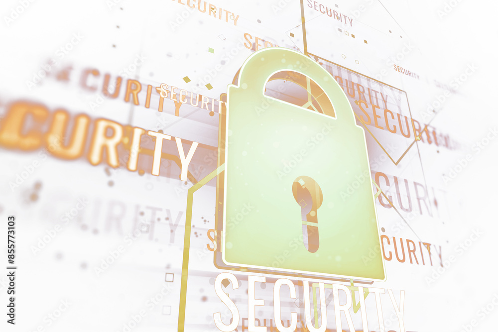 Poster A stylized padlock with a keyhole on a white background with security text, reflecting a security concept