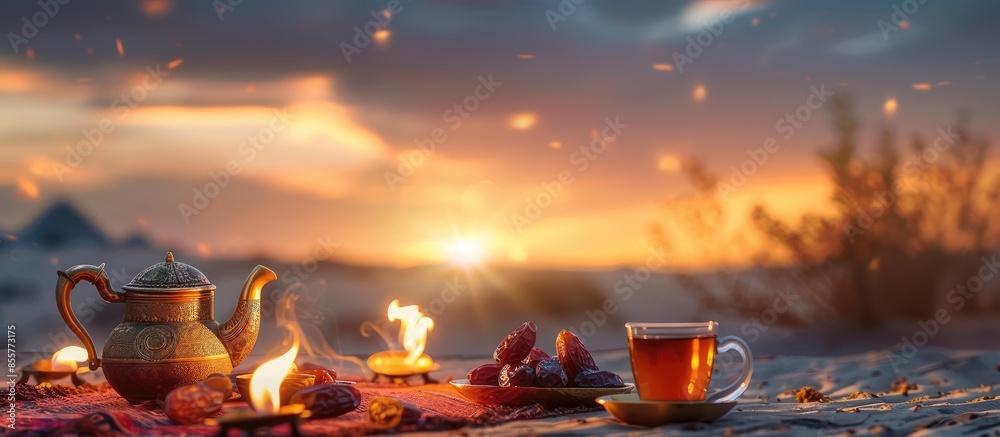Aufkleber Dates, teapot, cup with tea near the fire in the desert with a beautiful background. Ramadan Kareem. Copy space image. Place for adding text or design