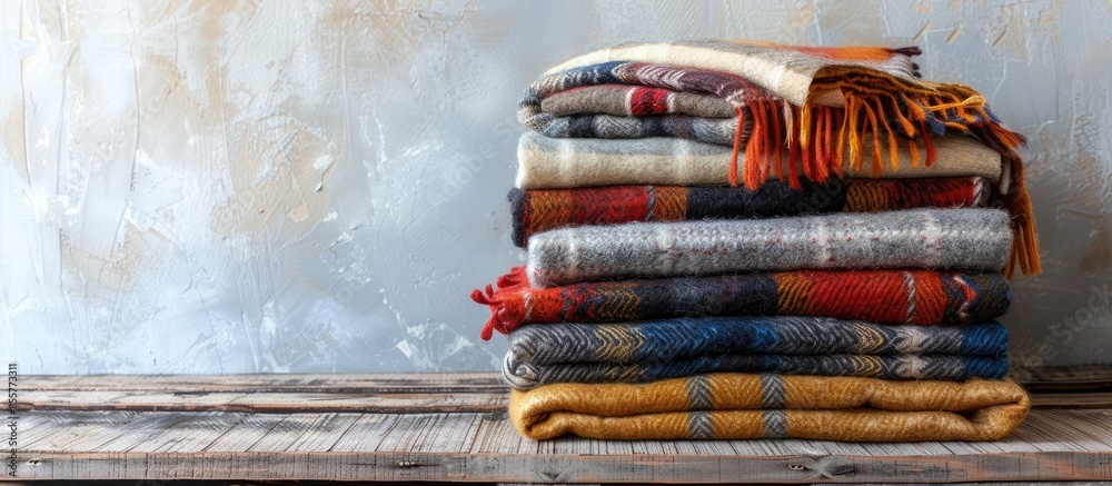 Leinwandbilder Stack of woolen checked blankets, autumn and winter concept, banner size. with copy space image. Place for adding text or design