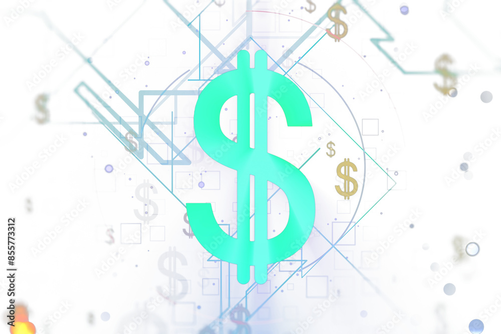 Poster A large teal dollar sign set against an abstract geometric background with floating smaller dollar signs and digital elements