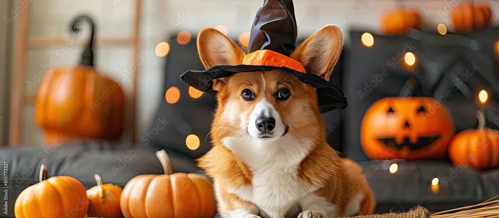 Poster welsh corgi in halloween disguise sitting on a broom and wearing witch hat with pumpkins on his side