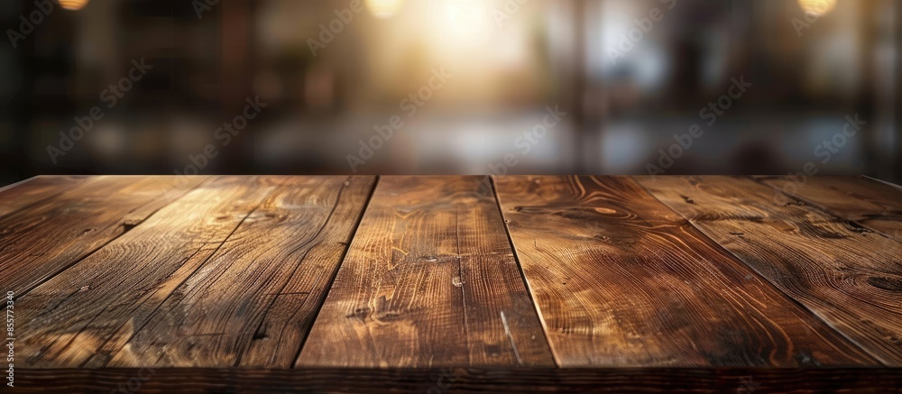 Poster wood table top with blurred light and dark brown color wooden tile design for background - can be us