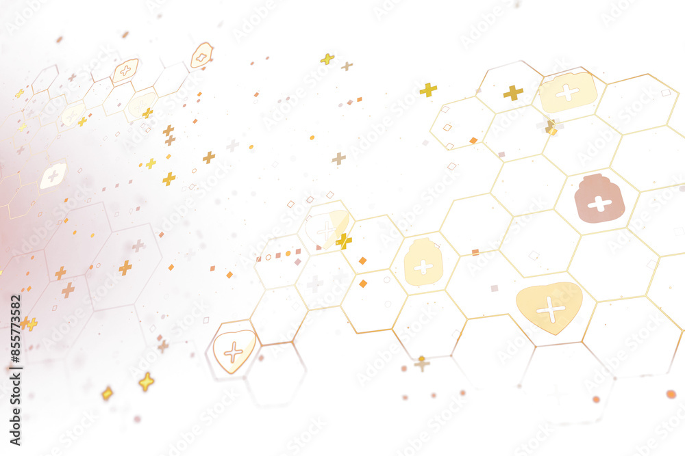Poster this is a digital abstract composition with honeycomb shapes and crosses on a light background, conv