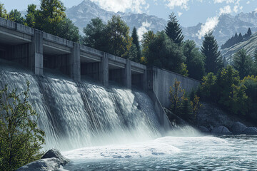 Generative ai on theme of hydroelectric power energy plant with large turbines and water spills