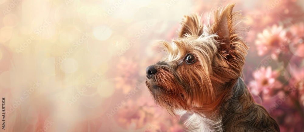 Poster Portrait of a Yorkshire Terrier in the studio. pastel background. with copy space image. Place for adding text or design