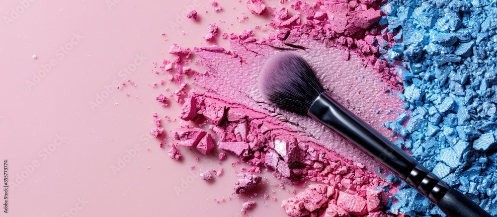 Poster Eye shadow with brush. pastel background  Texture  Isolated. with copy space image. Place for adding text or design