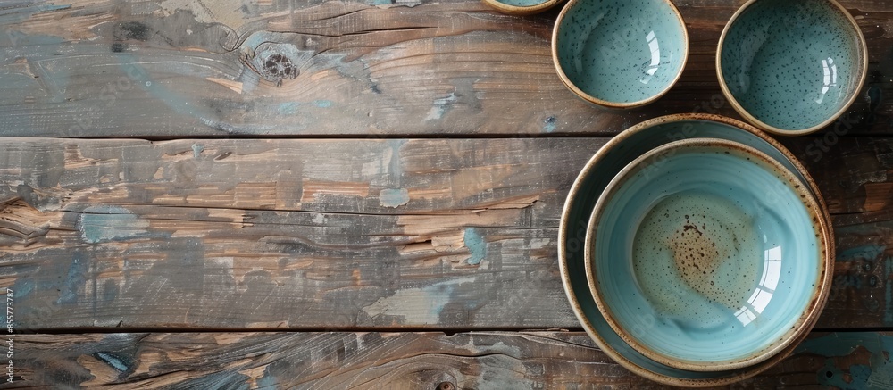 Poster Empty bowls and cups on a wooden table. with copy space image. Place for adding text or design