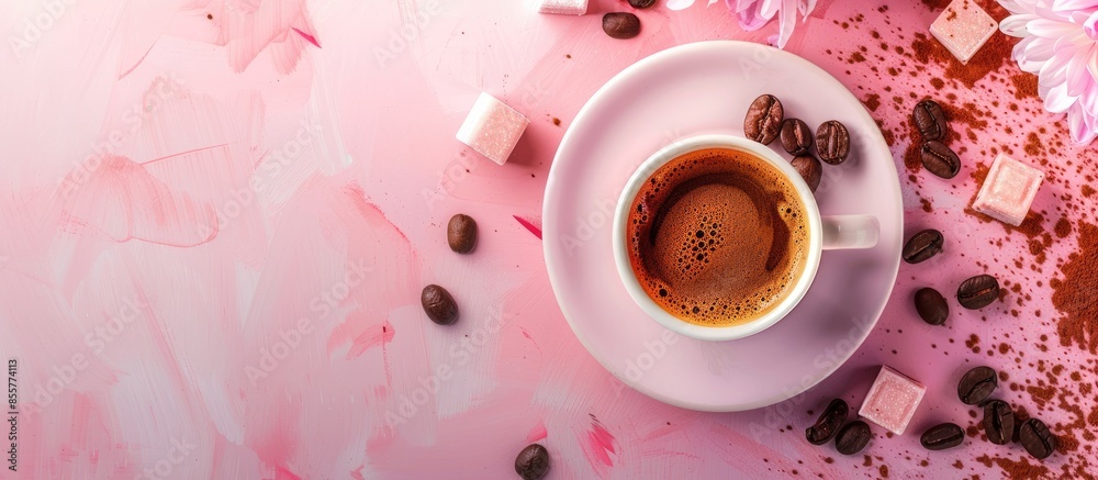 Poster hot coffee espresso on pastel background food coffee. with copy space image. place for adding text o