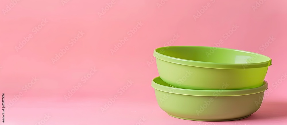 Poster Green plastic bowls Isolated on pastel background  Design. with copy space image. Place for adding text or design