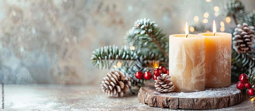 Poster wax candles in the New Year's interior, on a light background, home comfort. with copy space image. Place for adding text or design