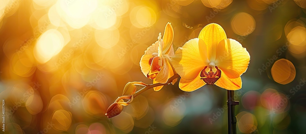 Poster yellow damaged leaf of an orchid plant standing in the sun . with copy space image. place for adding