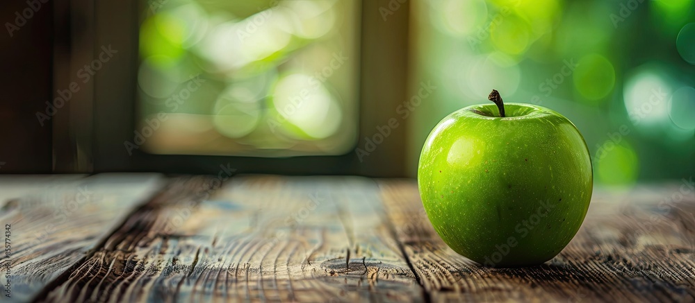 Aufkleber green apple on wooden table in the living room. with copy space image. place for adding text or desi
