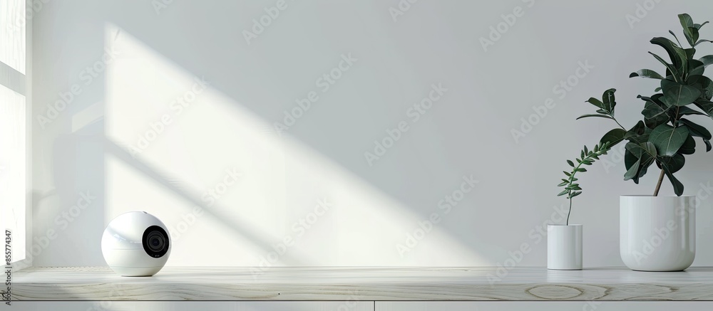 Poster Digital security eye. A white round indoor CCTV surveillance camera monitoring security on TV table in the room corner. Copy space image. Place for adding text or design