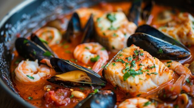A seafood cioppino with a mix of fish, shrimp, clams, and mussels in a tomato-based broth