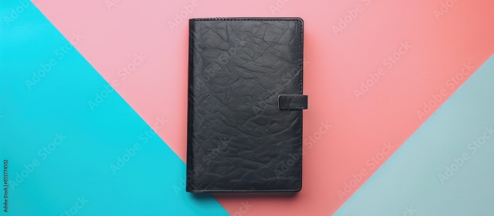 Poster Black leather notebook isolated on a pastel background. with copy space image. Place for adding text or design