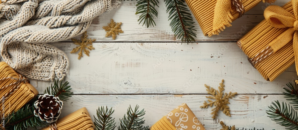 Poster christmas composition. christmas gifts, fir tree branches, knitted blanket on white wooden backgroun