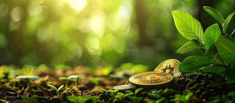 Gold coin and money with green environmental background. Copy space image. Place for adding text or design