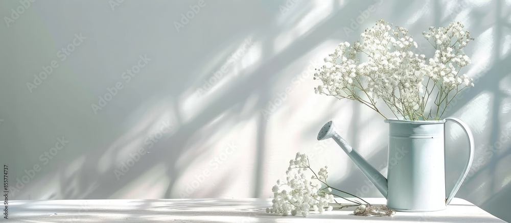 Poster watering can with beautiful gypsophila flowers and jewelry on table in room. with copy space image. 