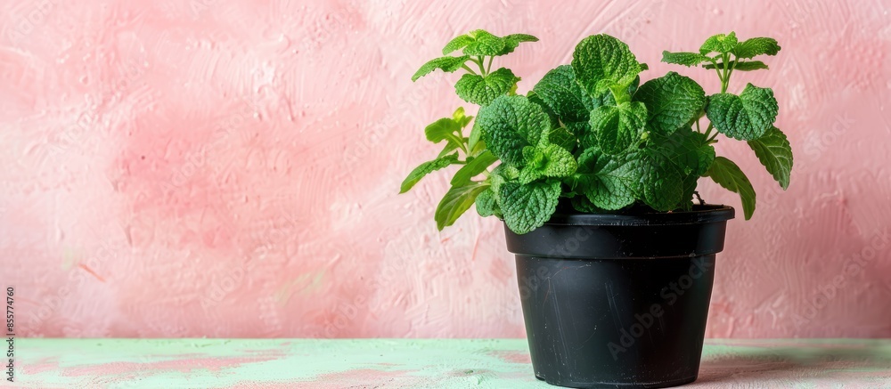 Poster Lemon balm in black pot on pastel background Plant  Lemon. with copy space image. Place for adding text or design