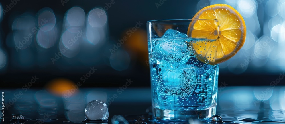 Poster colorful blue cocktail in a glass with a slice of lemon on a black table. with copy space image. pla