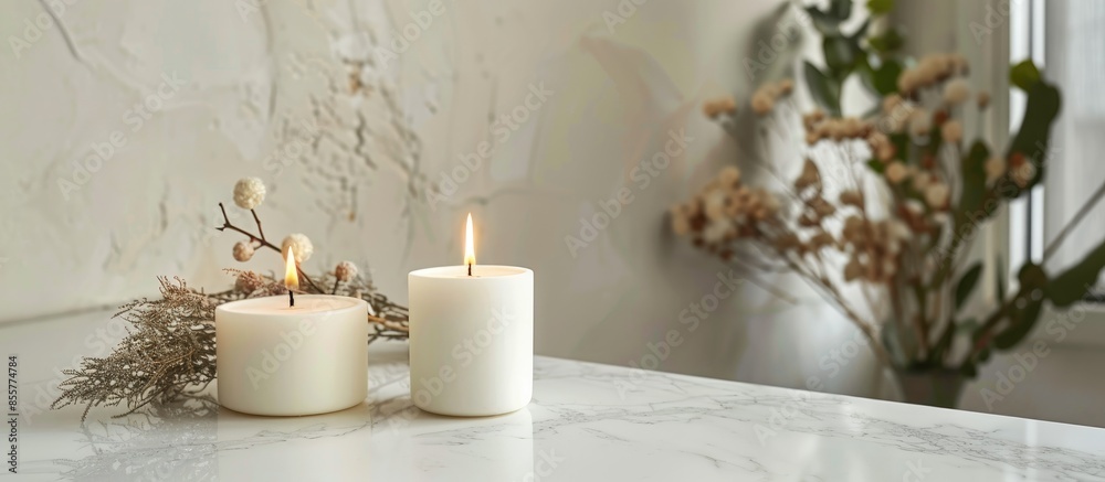 Poster Burning candles on white countertop in room. with copy space image. Place for adding text or design