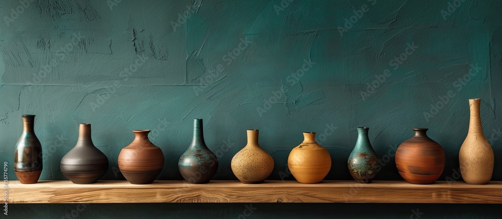 Poster Dark vases lined up on a plywood shelf. with copy space image. Place for adding text or design