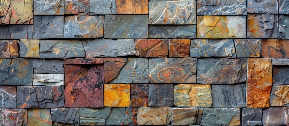 Poster backgrounds, textures a brick wall made of natural river stone. fence made of natural slate stone - 