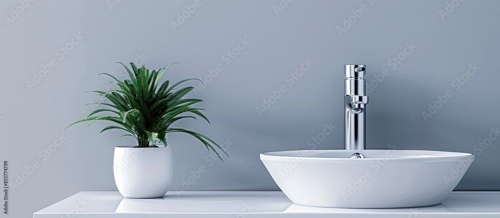Poster Faucet with electric heater. White modern faucet with sink. with copy space image. Place for adding text or design