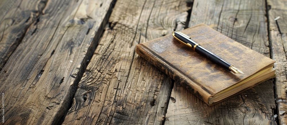 Poster A notebook with a pen sitting on a wooden table. with copy space image. Place for adding text or design