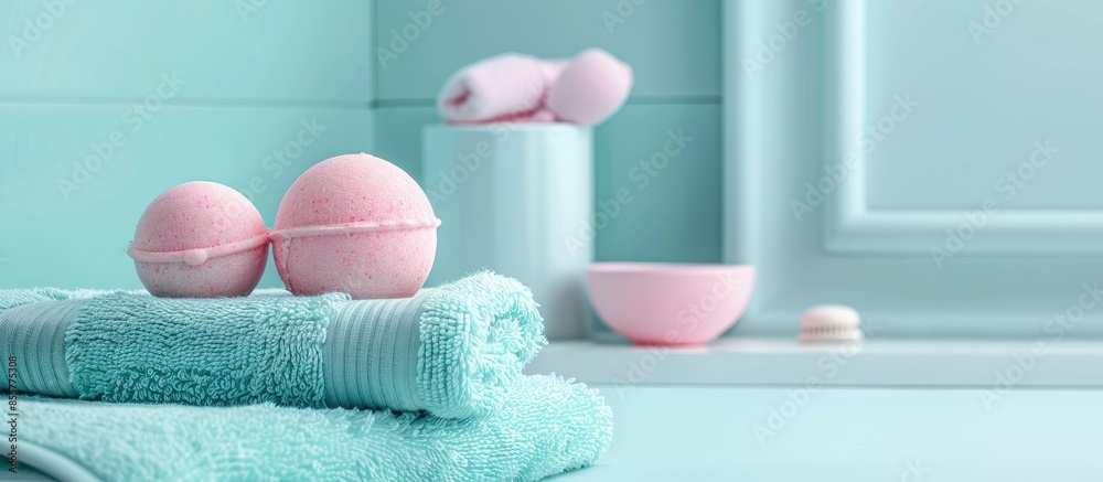 Aufkleber Clean soft towels and bath bombs in bathroom, space for text . with copy space image. Place for adding text or design
