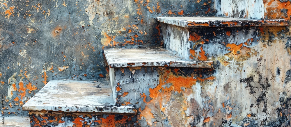 Poster Modern architecture detail. Grunge texture of outdoor staircase. Step of rock stair with vintage style. . with copy space image. Place for adding text or design