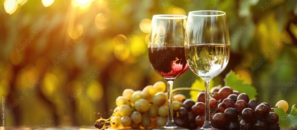 Fototapete still life with glasses of red and white wine and grapes in field. with copy space image. place for 